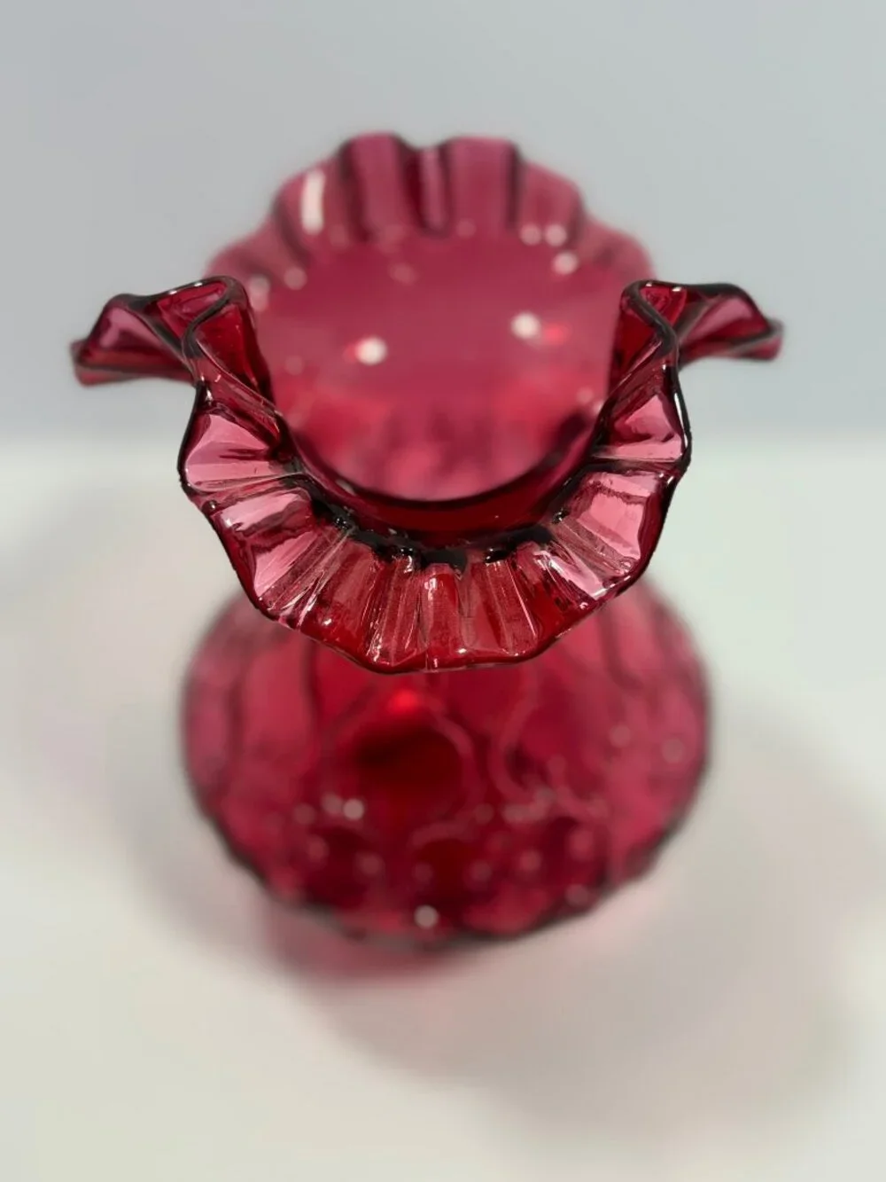Fenton Vintage Cranberry Glass Heart & Vine Embossed Vase Double Crimped Ruffled